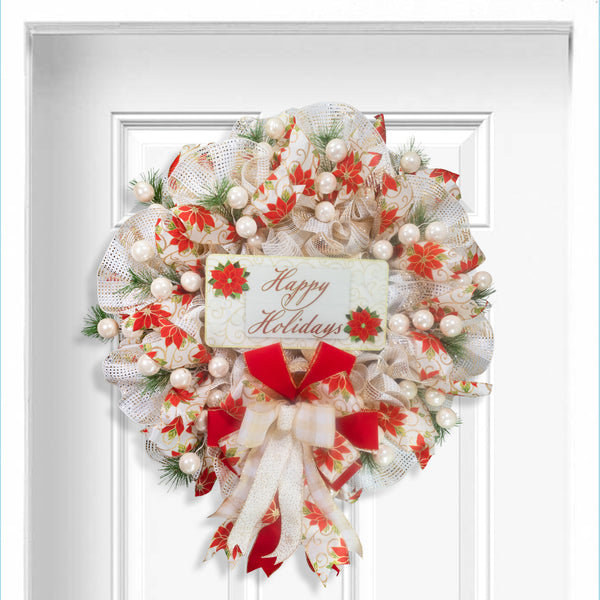 Happy Holidays Christmas season glam wreath, poinsettia motif, full bodied 27in, premium pattern ribbons, ball ornaments, greenery. W21211A