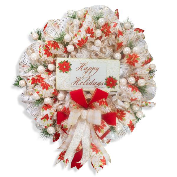Happy Holidays Christmas season glam wreath, poinsettia motif, full bodied 27in, premium pattern ribbons, ball ornaments, greenery. W21211A