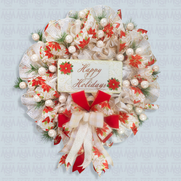 Happy Holidays Christmas season glam wreath, poinsettia motif, full bodied 27in, premium pattern ribbons, ball ornaments, greenery. W21211A