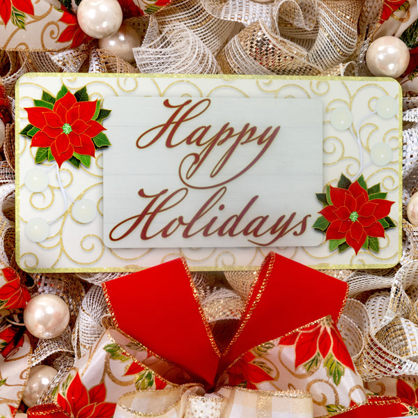 Happy Holidays Christmas season glam wreath, poinsettia motif, full bodied 27in, premium pattern ribbons, ball ornaments, greenery. W21211A