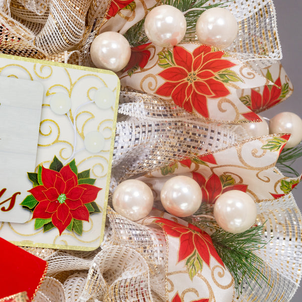 Happy Holidays Christmas season glam wreath, poinsettia motif, full bodied 27in, premium pattern ribbons, ball ornaments, greenery. W21211A