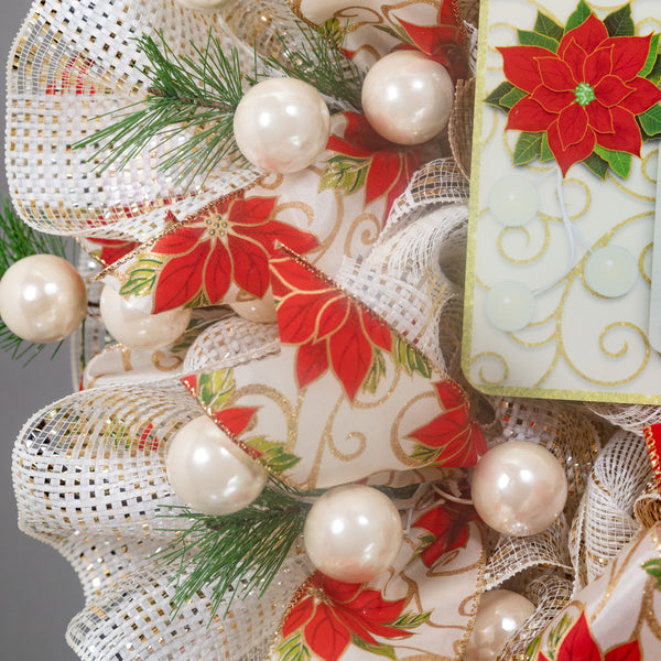Happy Holidays Christmas season glam wreath, poinsettia motif, full bodied 27in, premium pattern ribbons, ball ornaments, greenery. W21211A