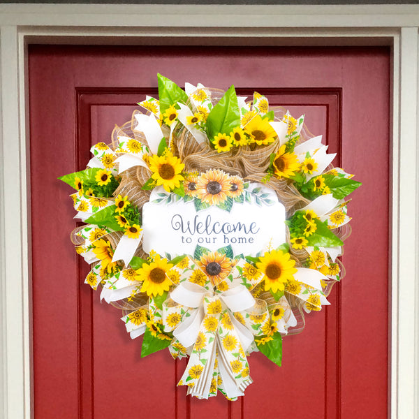 Welcome wreath, sunflower wreath, farmhouse wreath, floral wreath, everyday wreath, front door, door hanger, gift, large, 27”. W30305A