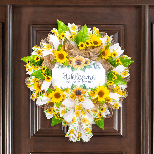 Welcome wreath, sunflower wreath, farmhouse wreath, floral wreath, everyday wreath, front door, door hanger, gift, large, 27”. W30305A