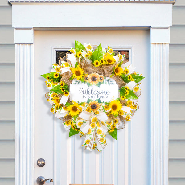 Welcome wreath, sunflower wreath, farmhouse wreath, floral wreath, everyday wreath, front door, door hanger, gift, large, 27”. W30305A