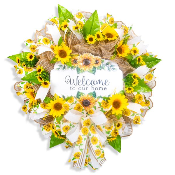 Welcome wreath, sunflower wreath, farmhouse wreath, floral wreath, everyday wreath, front door, door hanger, gift, large, 27”. W30305A