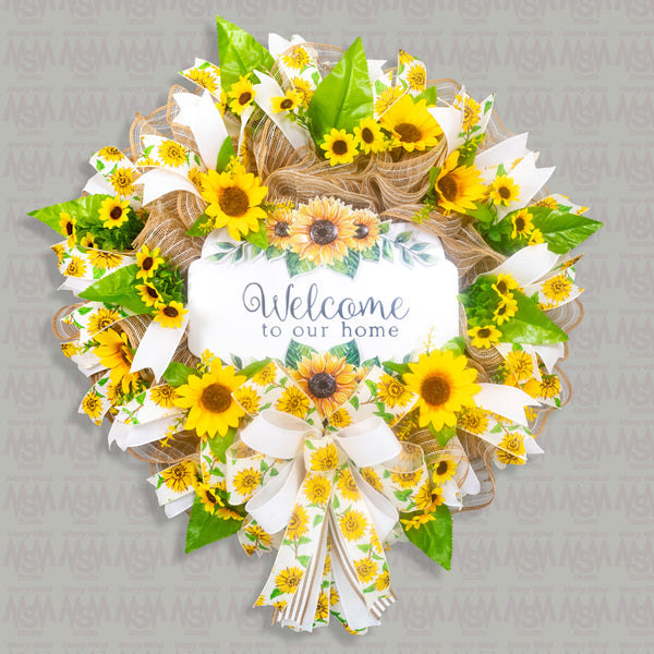 Welcome wreath, sunflower wreath, farmhouse wreath, floral wreath, everyday wreath, front door, door hanger, gift, large, 27”. W30305A