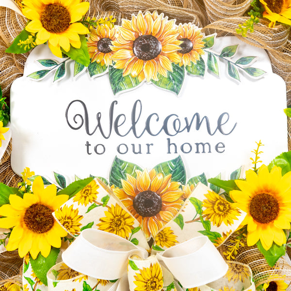 Welcome wreath, sunflower wreath, farmhouse wreath, floral wreath, everyday wreath, front door, door hanger, gift, large, 27”. W30305A