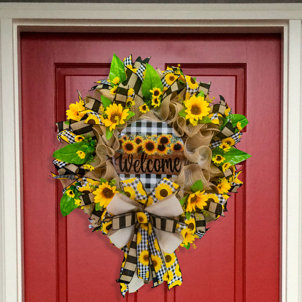 Welcome wreath, sunflower wreath, farmhouse wreath, floral wreath, everyday wreath, front door, door hanger, gift, large, 27”. W30401B