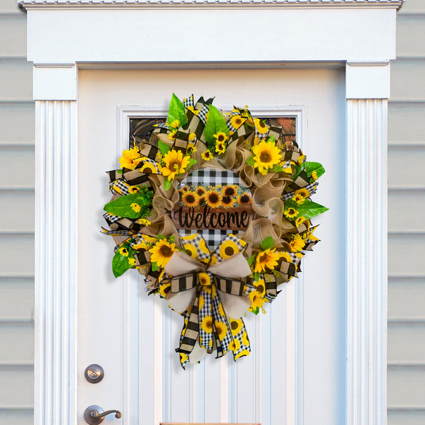 Welcome wreath, sunflower wreath, farmhouse wreath, floral wreath, everyday wreath, front door, door hanger, gift, large, 27”. W30401B