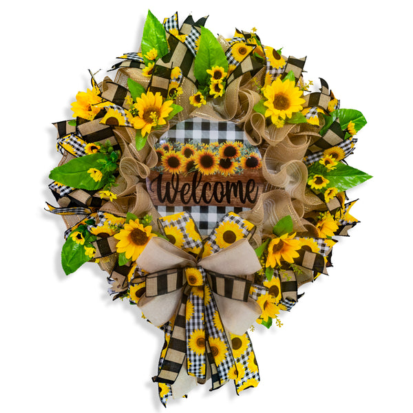 Welcome wreath, sunflower wreath, farmhouse wreath, floral wreath, everyday wreath, front door, door hanger, gift, large, 27”. W30401B