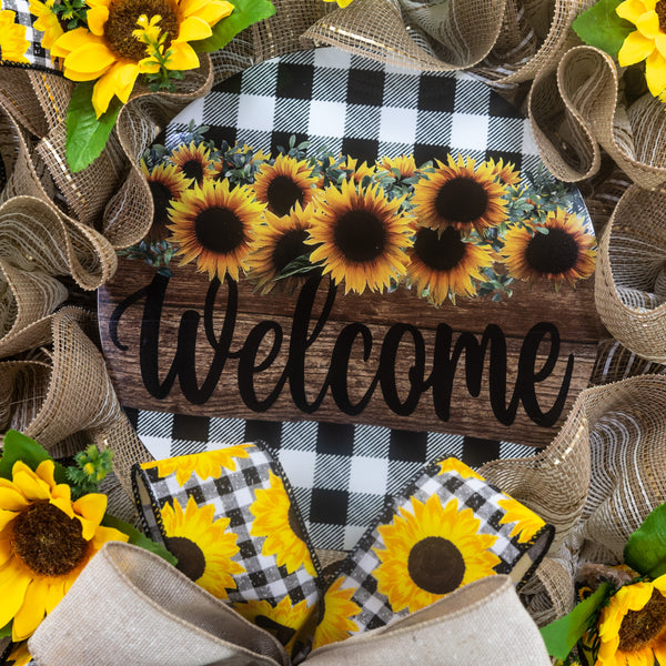 Welcome wreath, sunflower wreath, farmhouse wreath, floral wreath, everyday wreath, front door, door hanger, gift, large, 27”. W30401B