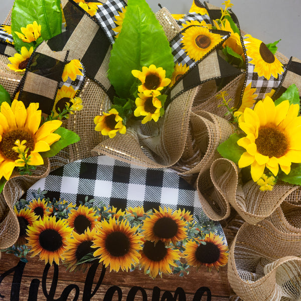 Welcome wreath, sunflower wreath, farmhouse wreath, floral wreath, everyday wreath, front door, door hanger, gift, large, 27”. W30401B