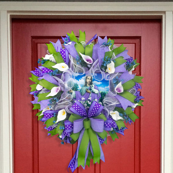 Christian wreath, religious wreath, good shepherd wreath, lamb, floral wreath, lilies, front door wreath, door hanger,  26" W30405A