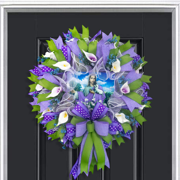 Christian wreath, religious wreath, good shepherd wreath, lamb, floral wreath, lilies, front door wreath, door hanger,  26" W30405A