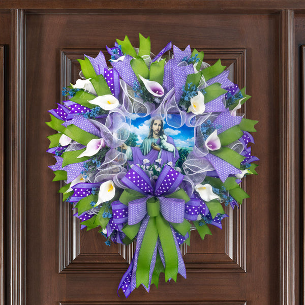Christian wreath, religious wreath, good shepherd wreath, lamb, floral wreath, lilies, front door wreath, door hanger,  26" W30405A
