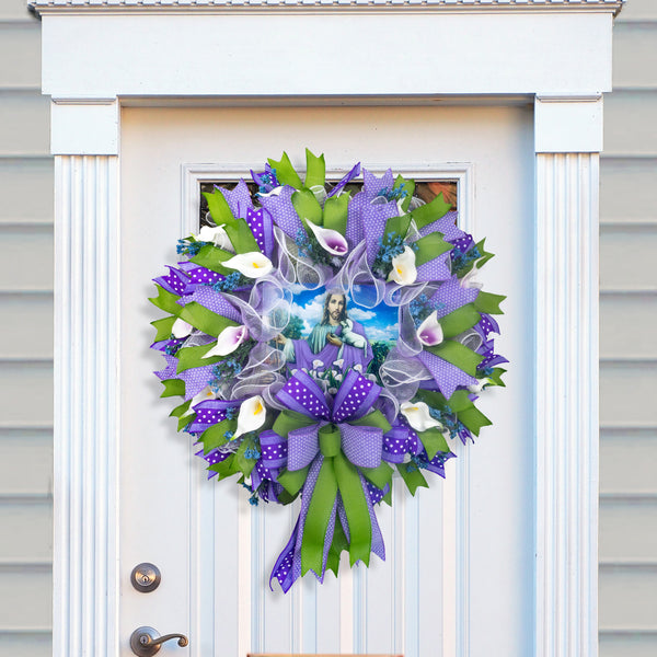 Christian wreath, religious wreath, good shepherd wreath, lamb, floral wreath, lilies, front door wreath, door hanger,  26" W30405A