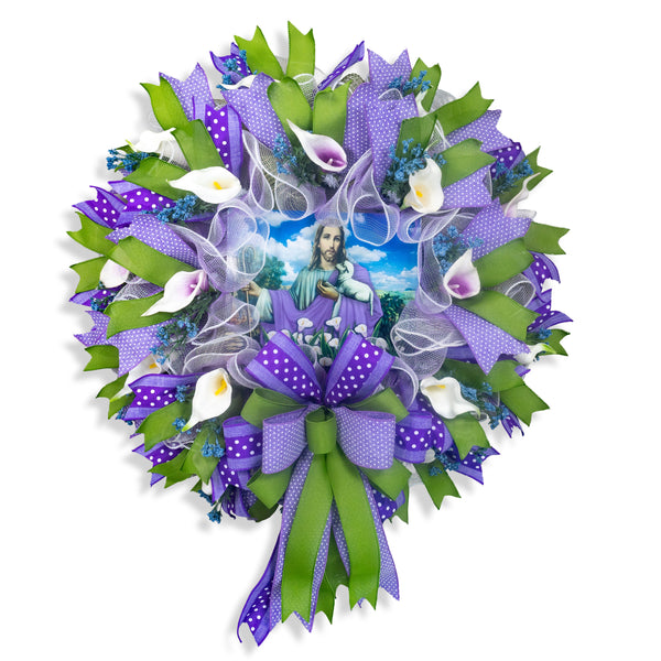 Christian wreath, religious wreath, good shepherd wreath, lamb, floral wreath, lilies, front door wreath, door hanger,  26" W30405A
