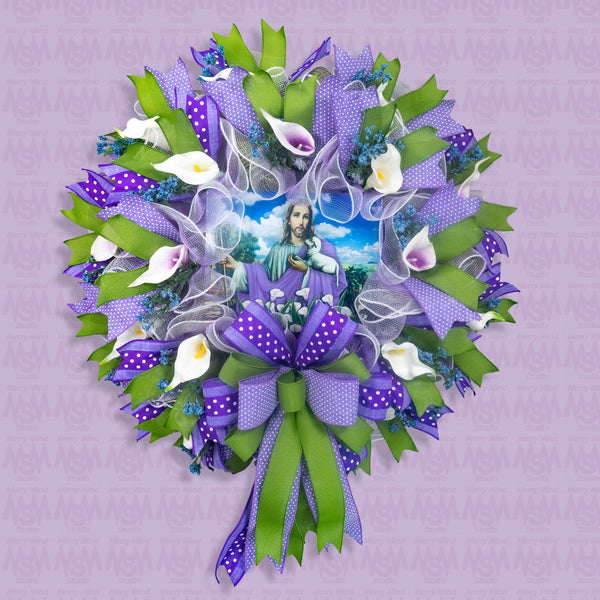 Christian wreath, religious wreath, good shepherd wreath, lamb, floral wreath, lilies, front door wreath, door hanger,  26" W30405A