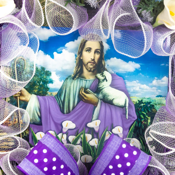 Christian wreath, religious wreath, good shepherd wreath, lamb, floral wreath, lilies, front door wreath, door hanger,  26" W30405A