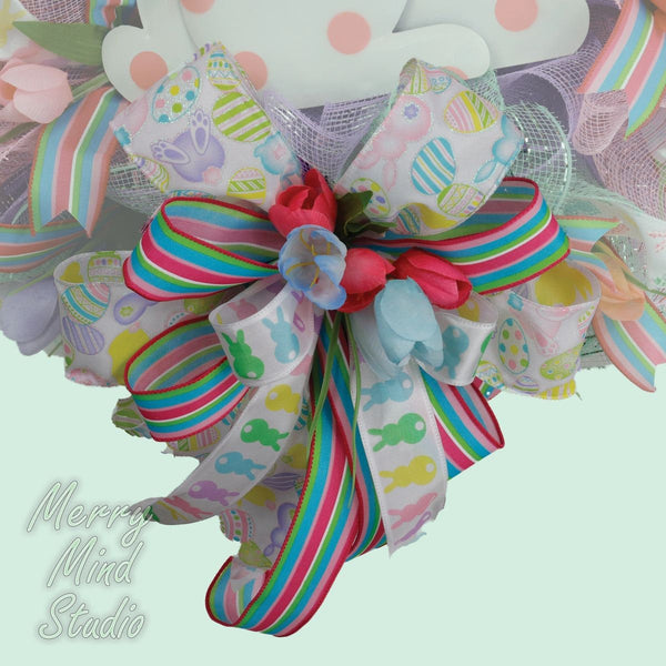 Easter wreath, white bunny, pink polka-dots, merrymindstudio 02204