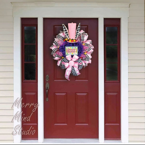 Easter wreath, bunny ears with top hat, merrymindstudio, 02072