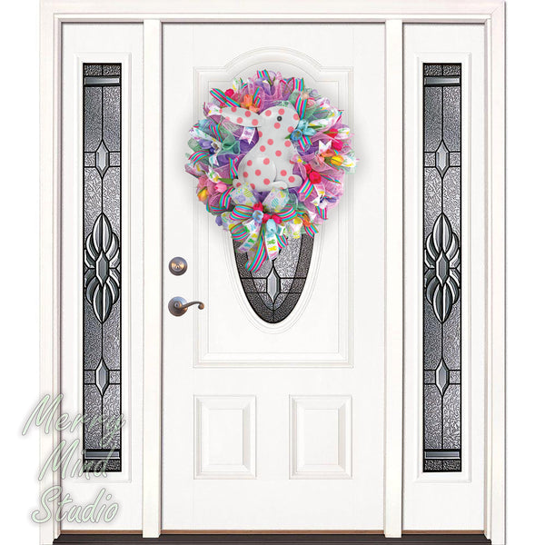Easter wreath, white bunny, pink polka-dots, merrymindstudio 02204