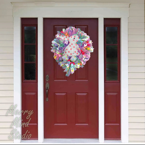 Easter wreath, white bunny, pink polka-dots, merrymindstudio 02204