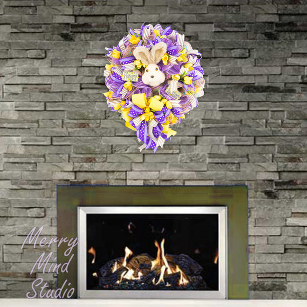 Easter wreath, plush bunny head, merrymindstudio 02282