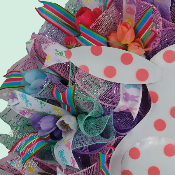 Easter wreath, white bunny, pink polka-dots, merrymindstudio 02204