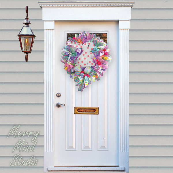 Easter wreath, white bunny, pink polka-dots, merrymindstudio 02204