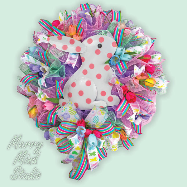 Easter wreath, white bunny, pink polka-dots, merrymindstudio 02204
