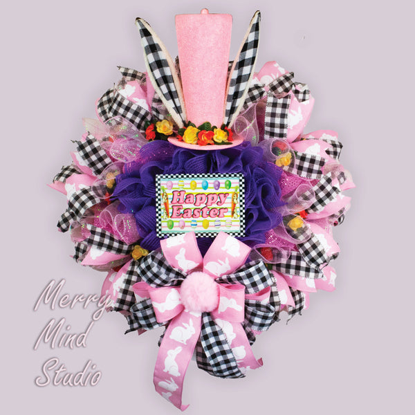 Easter wreath, bunny ears with top hat, merrymindstudio, 02072