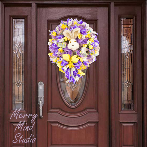 Easter wreath, plush bunny head, merrymindstudio 02282