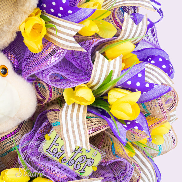 Easter wreath, plush bunny head, merrymindstudio 02282
