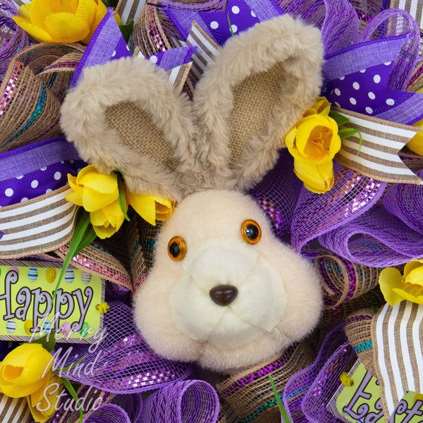 Easter wreath, plush bunny head, merrymindstudio 02282