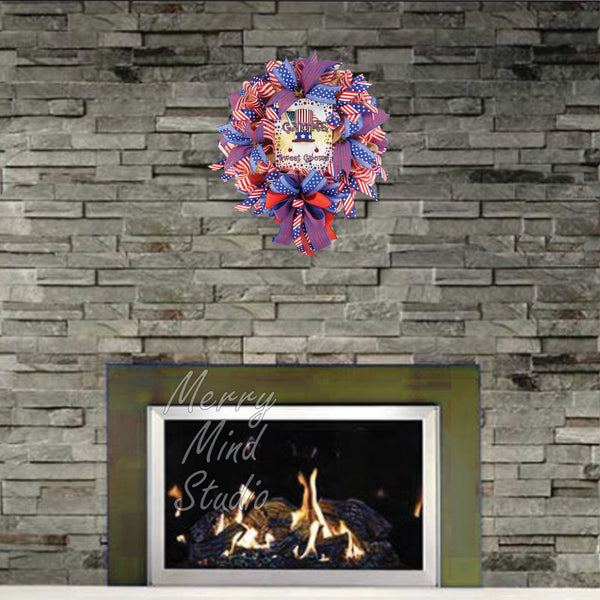 4th of July wreath, patriotic, USA, Gnome sweet gnome,  0327C