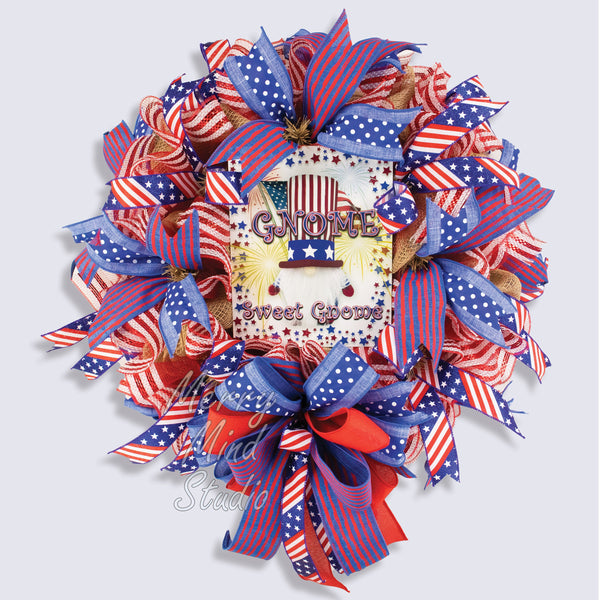4th of July wreath, patriotic, USA, Gnome sweet gnome,  0327C