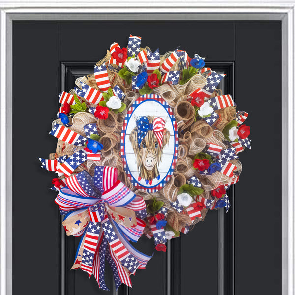 Farmhouse wreath, patriotic wreath, everyday wreath, cow, floral wreath, front door wreath, door hanger 26"   W30510A