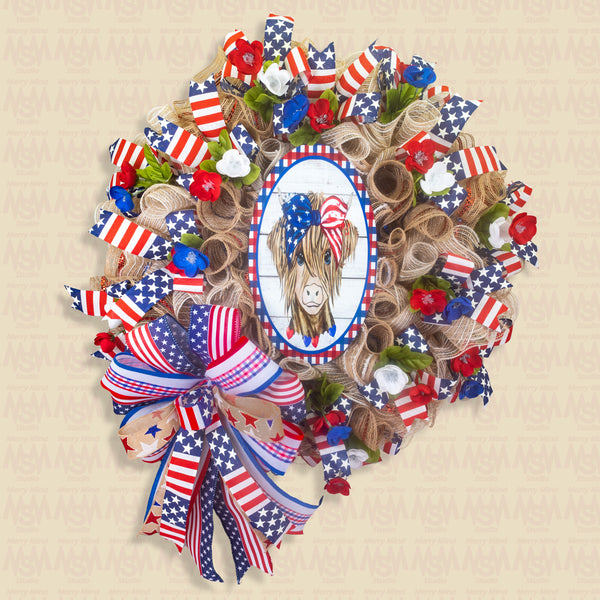 Farmhouse wreath, patriotic wreath, everyday wreath, cow, floral wreath, front door wreath, door hanger 26"   W30510A