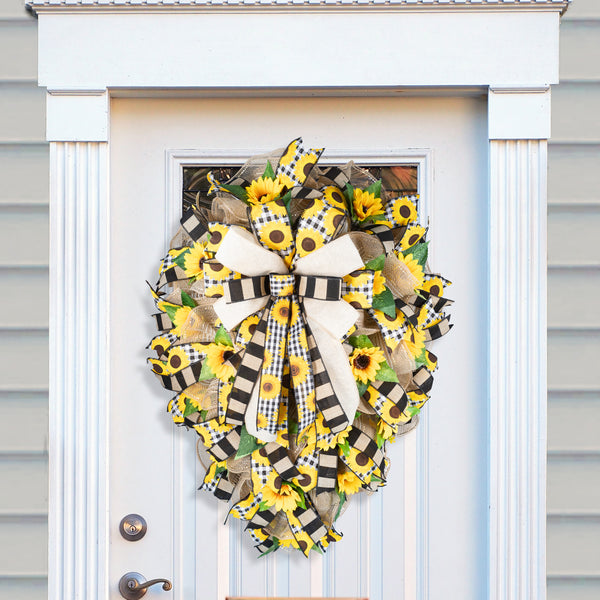 Sunflower wreath, teardrop shape, everyday, welcome, floral, Summer, Fall, 24x34 inches, W30618A