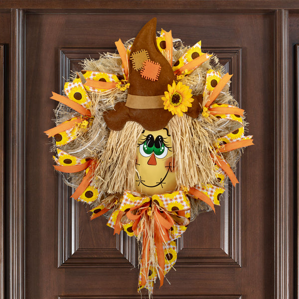 Happy Scarecrow wreath, Autumn, Fall, farmhouse, 26" diameter, everyday, door hanger, W30722A