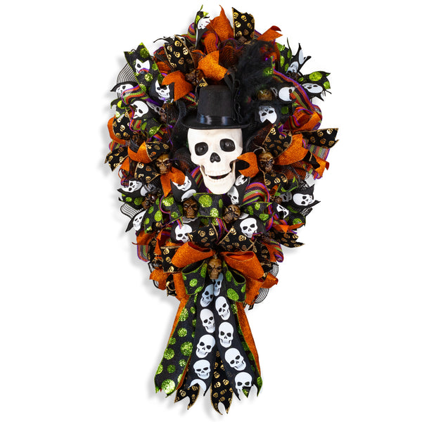 Halloween Wreath, talking skull wreath, lighted skull wreath, skull wreath, front door wreath, Autumn, fall W30928A