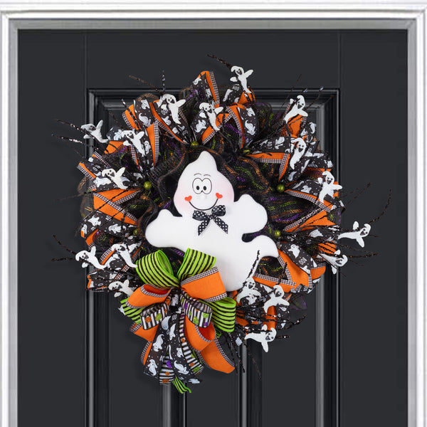 Halloween wreath, ghost wreath, lighted wreath, large 25", plush ghost, door, hanger, gift. W31008A