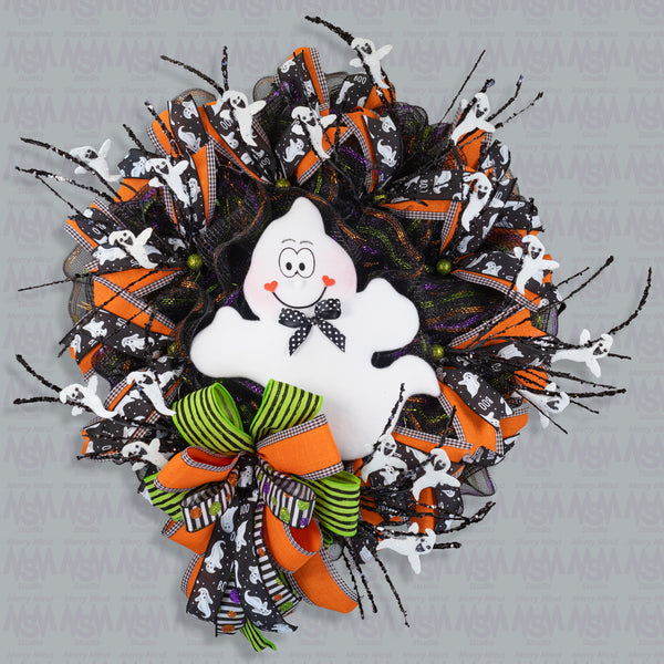 Halloween wreath, ghost wreath, lighted wreath, large 25", plush ghost, door, hanger, gift. W31008A