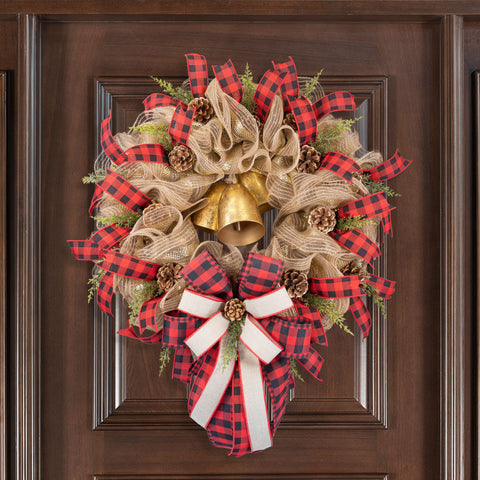 Christmas wreath, BELLS! 24in full bodied remote control lighted with real bells, premium buffalo plaid ribbon, real pinecones. W31015A