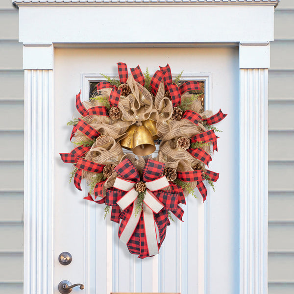 Christmas wreath, BELLS! 24in full bodied remote control lighted with real bells, premium buffalo plaid ribbon, real pinecones. W31015A