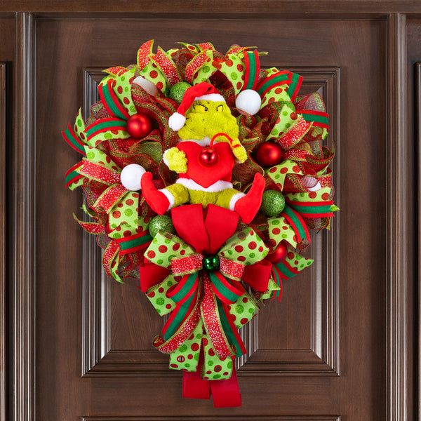 Christmas wreath, Grinch wreath, talking, lighted, whimsical, remote control, door, hanger, gift, 26" diameter, 10" depth. W31202A