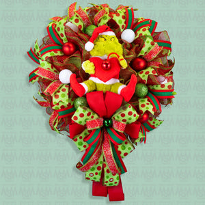 Christmas wreath, Grinch wreath, talking, lighted, whimsical, remote control, door, hanger, gift, 26" diameter, 10" depth. W31202A