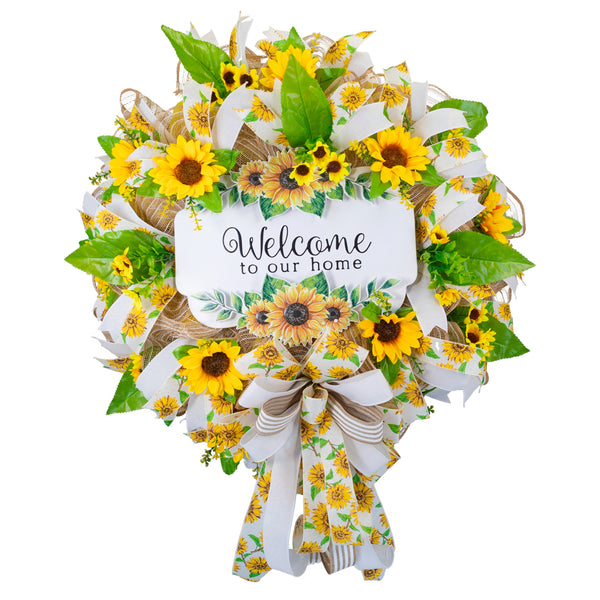 Welcome wreath, farmhouse wreath, sunflower wreath, front door, door hanger, floral, 26". W40128A